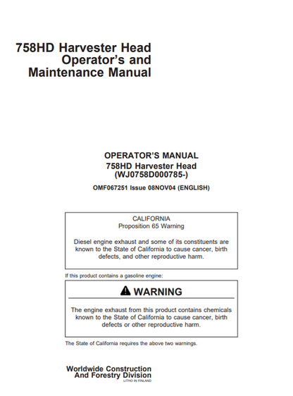 John Deere 758HD Harvester Head Operator & Maintenance Manual