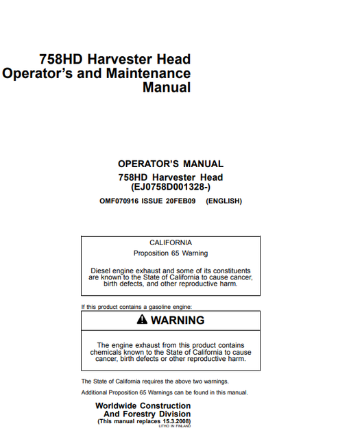 John Deere 758HD Harvester Head Operator Maintenance Manual OMF070916
