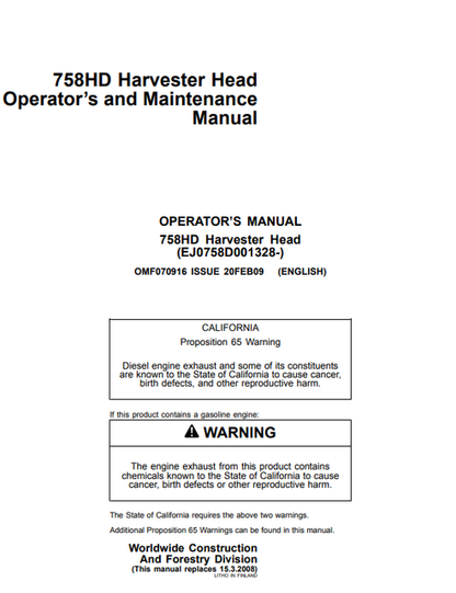 John Deere 758HD Harvester Head Operator Maintenance Manual OMF070916