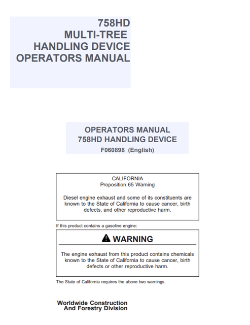John Deere 758HD Multi-tree Handling Device Operator Manual F060898