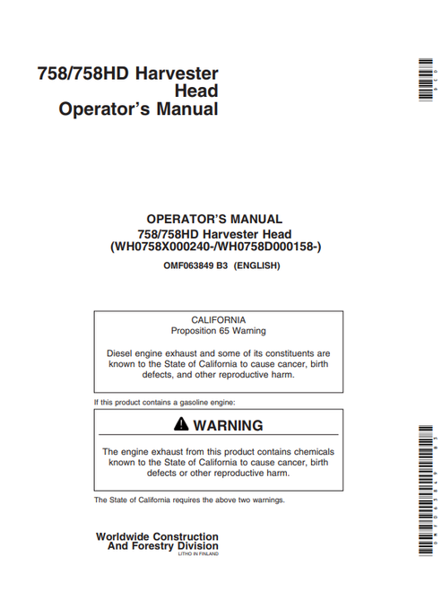 John Deere 758/758HD Harvester Head Operator Manual OMF063849