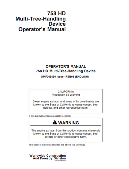 John Deere 758 HD Multi-Tree-Handling Device Operator Manual