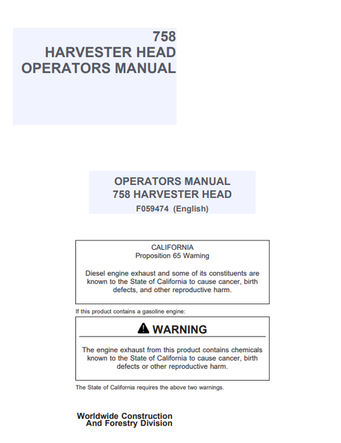 John Deere 758 Harvester Head Operator Manual F059474