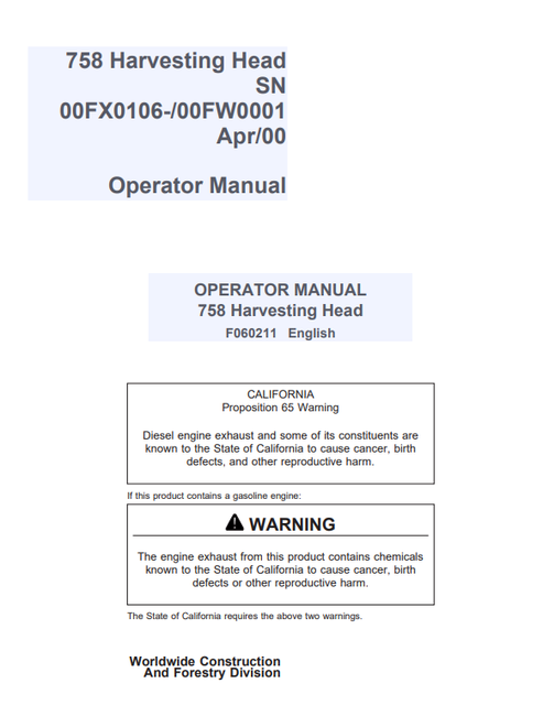 John Deere 758 Harvester Head Operator Manual F060211