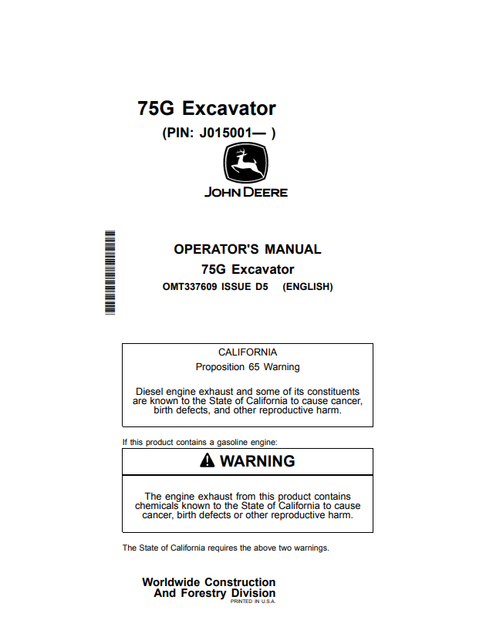 John Deere 75G Excavator Operator Manual OMT337609