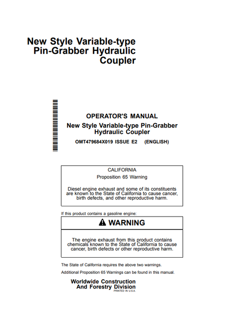 John Deere 75G Pin-Grabber Hydraulic Coupler Operator Manual PDF