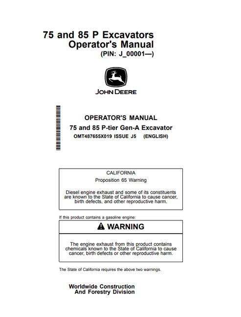 John Deere 75 & 85 P-Tier Gen-A Excavator Operator & Maintenance Manual