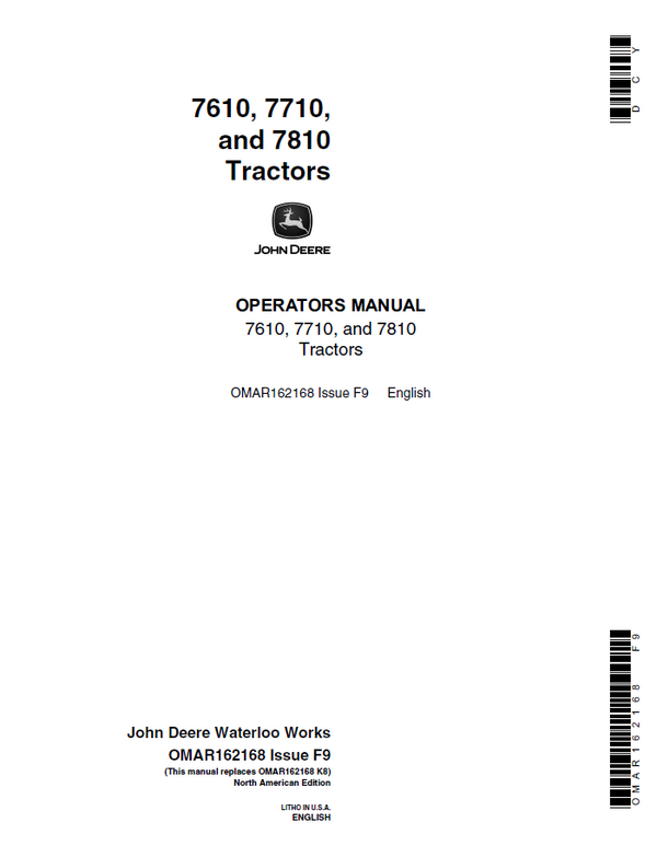 John Deere 7610, 7710 & 7810 Tractor Operator Manual OMAR162168