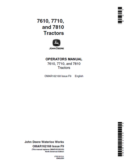 John Deere 7610, 7710 & 7810 Tractor Operator Manual OMAR162168