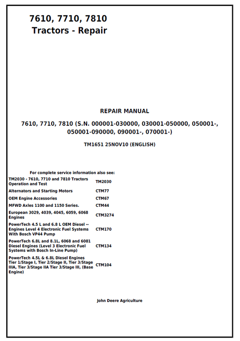 John Deere 7610, 7710 & 7810 Tractor Repair Manual TM1651