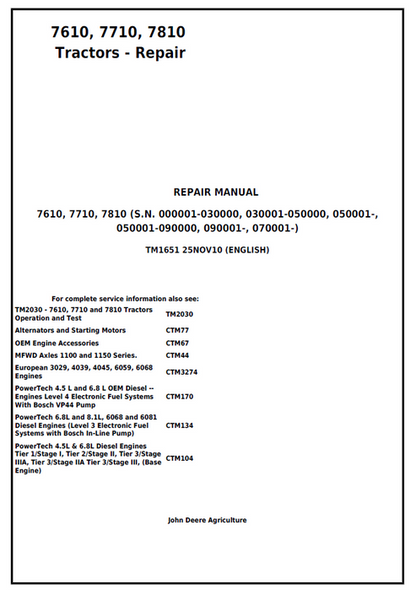 John Deere 7610, 7710 & 7810 Tractor Repair Manual TM1651