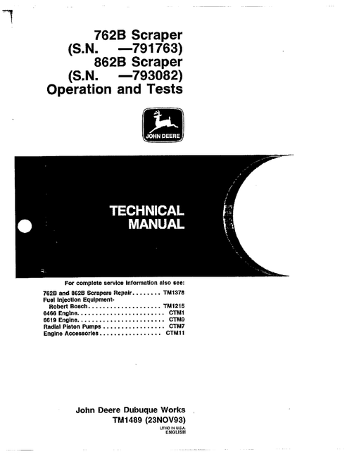 John Deere 762B & 862B Scraper Operation & Test Manual TM1489