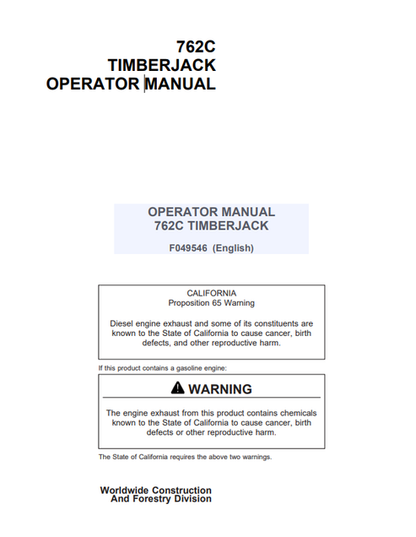 John Deere 762C Timberjack Operator Manual F049546 PDF