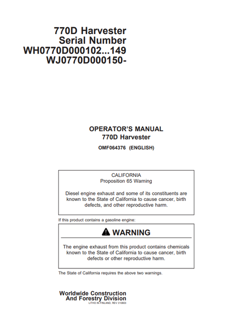 John Deere 770D Harvester Operator Manual PDF OMF064376