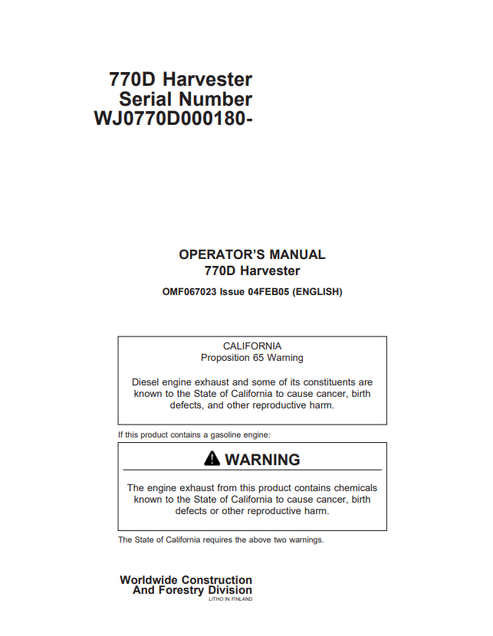 John Deere 770D Harvester Operator Manual PDF OMF067023