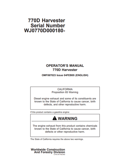 John Deere 770D Harvester Operator Manual PDF OMF067023