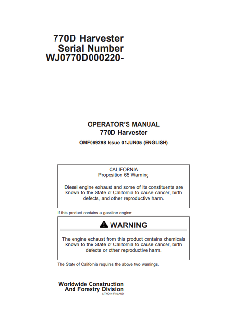 John Deere 770D Harvester Operator Manual PDF OMF069298