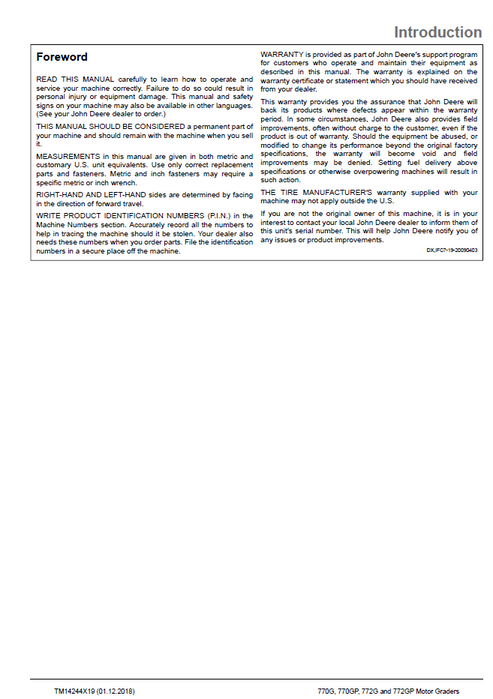John Deere 770G-772GP Motor Grader Operation & Test Manual PDF