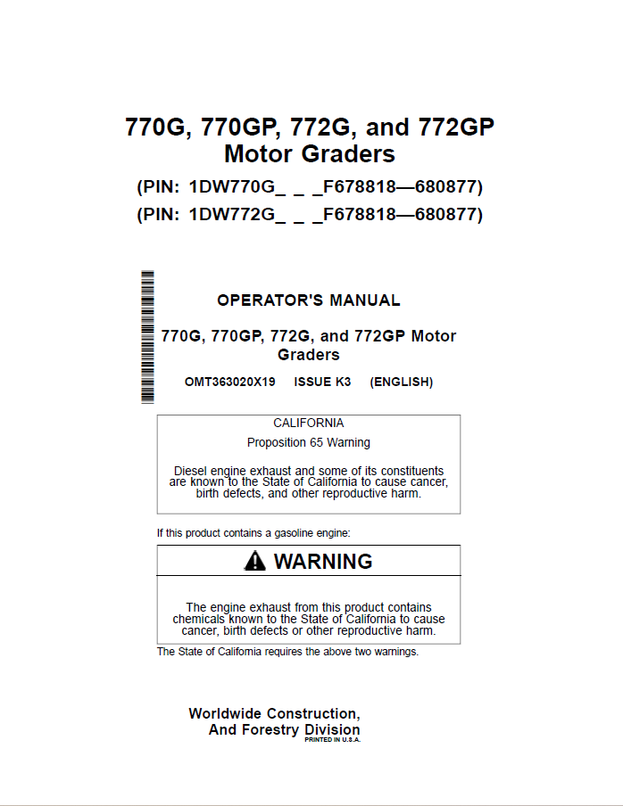 John Deere 770G, 770GP, 772G, and 772GP Graders Operator Manual OMT363020X19 PDF