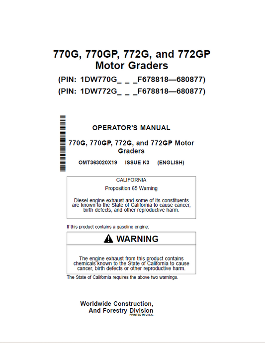 John Deere 770G, 770GP, 772G, and 772GP Graders Operator Manual OMT363020X19 PDF
