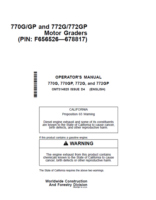 John Deere 770G, 770GP, 772G, and 772GP Motor Graders Operator Manual OMT314825 PDF