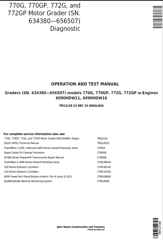 John Deere 770G, 770GP, 772G, and 772GP Motor Operation and Test Manual TM12139 PDF