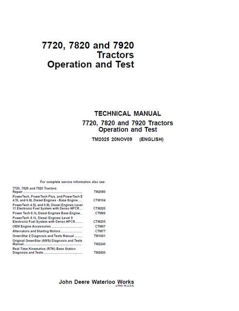 John Deere 7720 7820 & 7920 Tractor Operation Test Manual TM2025