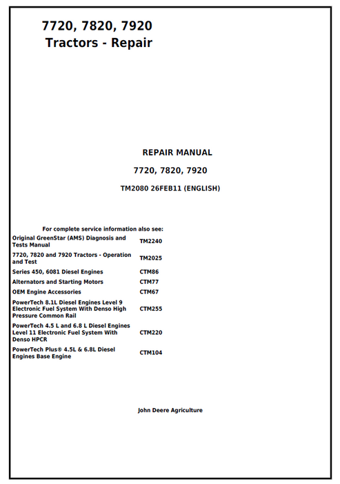 John Deere 7720, 7820, 7920 Tractor Repair Manual TM2080