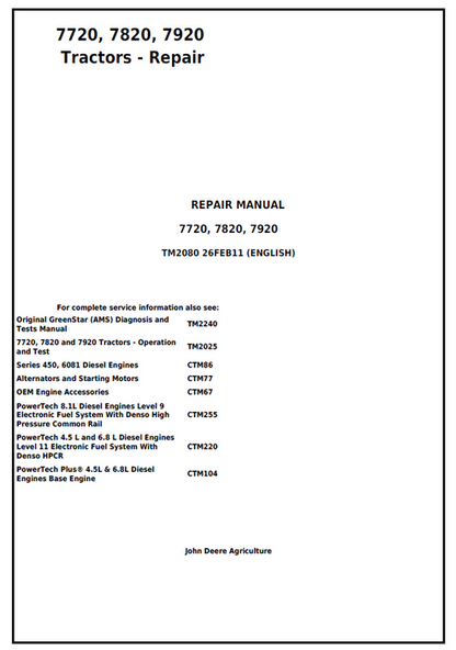 John Deere 7720, 7820, 7920 Tractor Repair Manual TM2080