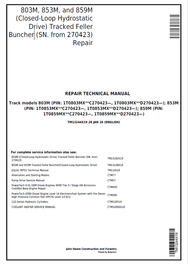 John Deere 803M, 853M, and 859M Repair Technical Manual TM13244X19