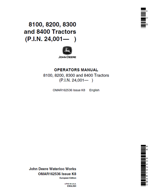 John Deere 8100, 8200, 8300 and 8400 Tractors Operator Manual OMAR162536 PDF