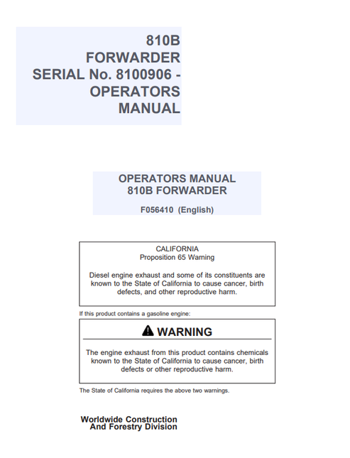 John Deere 810B Forwarder Operator Manual F056410 PDF