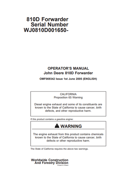 John Deere 810D Forwarder Operator Manual OMF069342