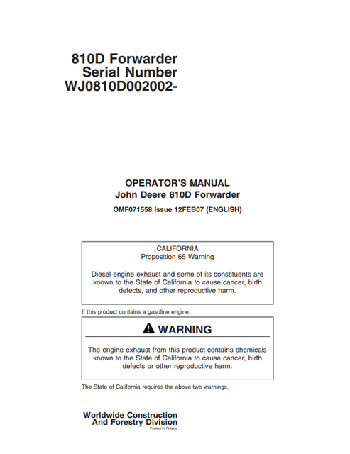 John Deere 810D Forwarder Operator Manual OMF071558 PDF