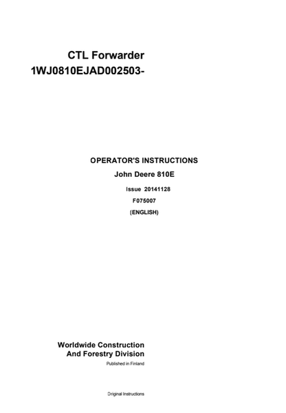 John Deere 810E Operator Instruction Manual F075007 PDF