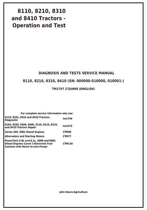 John Deere 8110-8410 Tractor Diagnosis & Test Service Manual TM1797