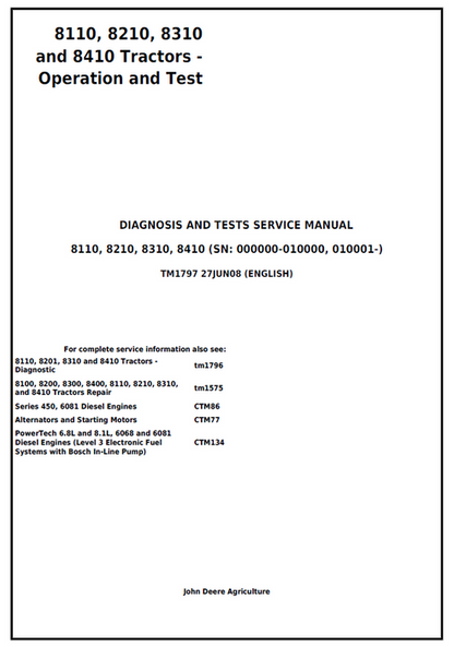 John Deere 8110-8410 Tractor Diagnosis & Test Service Manual TM1797
