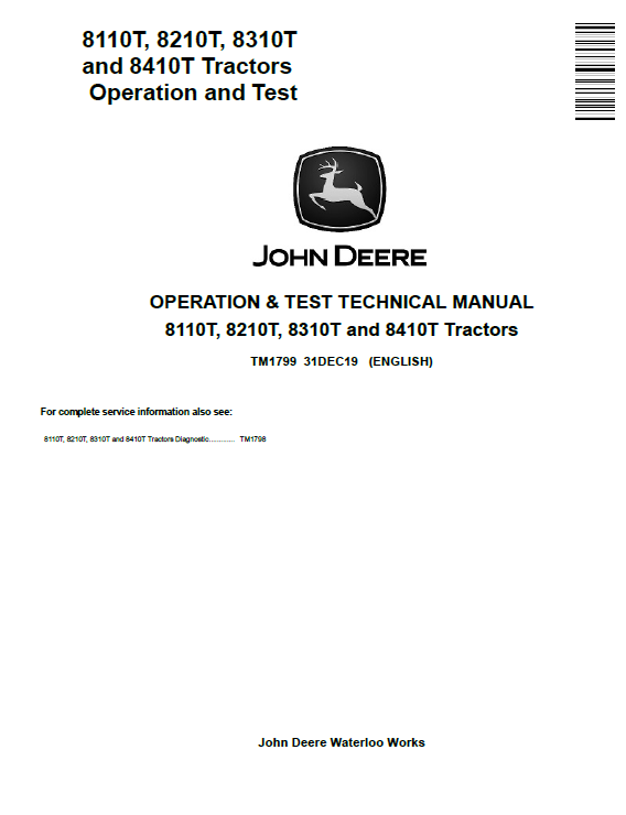 John Deere 8110T, 8210T, 8310Tand 8410T Tractor Operation and Test Technical Manual TM1799 PDF