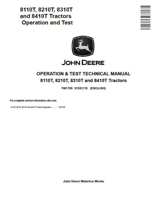 John Deere 8110T, 8210T, 8310Tand 8410T Tractor Operation and Test Technical Manual TM1799 PDF