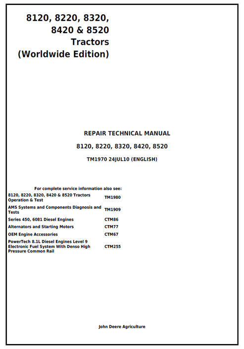 John Deere 8120-8520 Tractor Repair Technical Manual TM1970