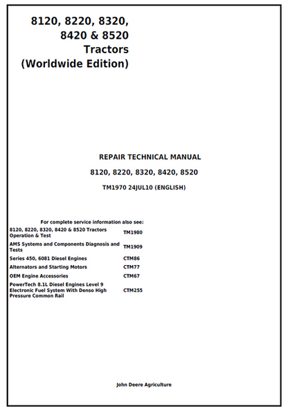 John Deere 8120-8520 Tractor Repair Technical Manual TM1970