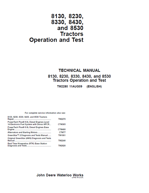 John Deere 8130-8530 Tractor Repair Operation & Test Manual TM2280