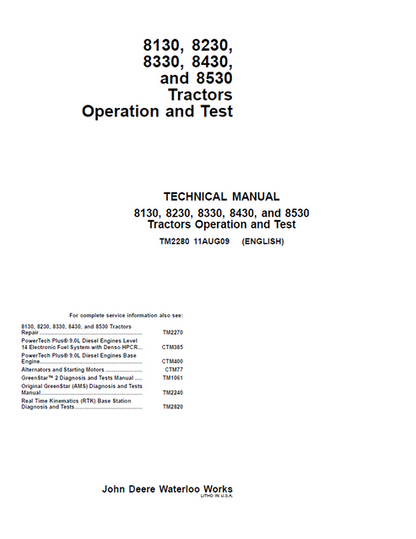 John Deere 8130-8530 Tractor Repair Operation & Test Manual TM2280