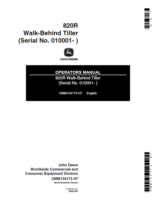 John Deere 820R Walk-Behind Tiller Operator Manual OMM134173 PDF
