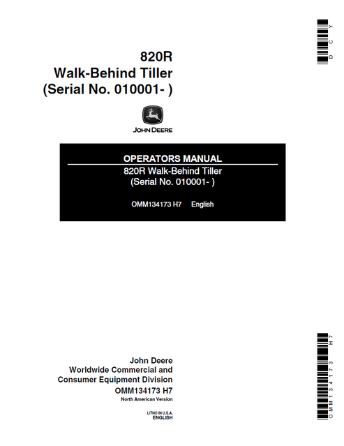 John Deere 820R Walk-behind Tiller Operator Manual OMM134173