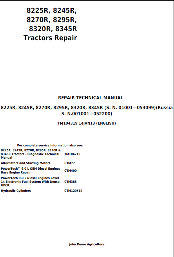 John Deere 8225R, 8245R, 8270R, 8295R, 8320R & 8345R Tractors Repair Technical Manual TM104319 PDF