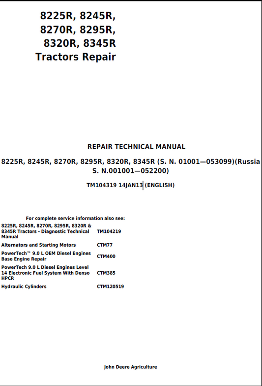 John Deere 8225R, 8245R, 8270R, 8295R, 8320R & 8345R Tractors Repair Technical Manual TM104319 PDF