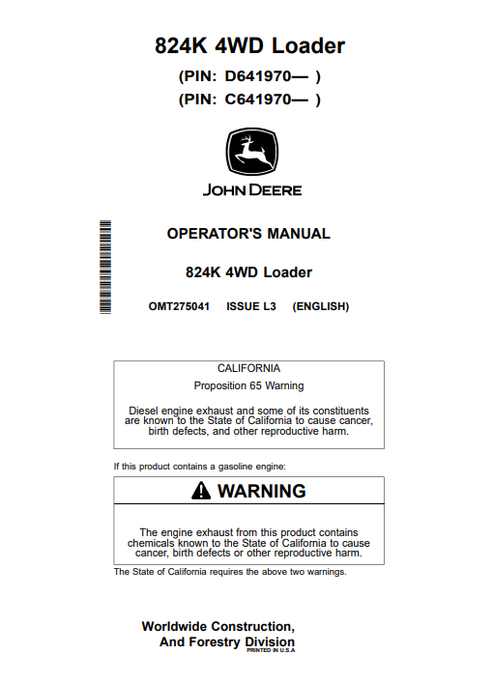 John Deere 824K 4WD Loader Operator Manual OMT275041 PDF