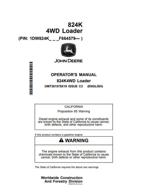 John Deere 824K 4WD Loader Operator Manual PDF OMT351579X19