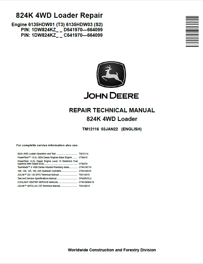 John Deere 824K 4WD Loader Repair Technical Manual TM12116 PDF